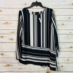 Roz & Ali Women's Blouse Tops Size L Black White Striped High-low Hem.